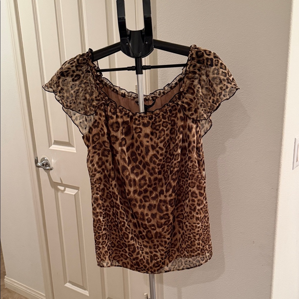 White House Black Market Leopard Print Ruffle Sleeve Blouse - Brown